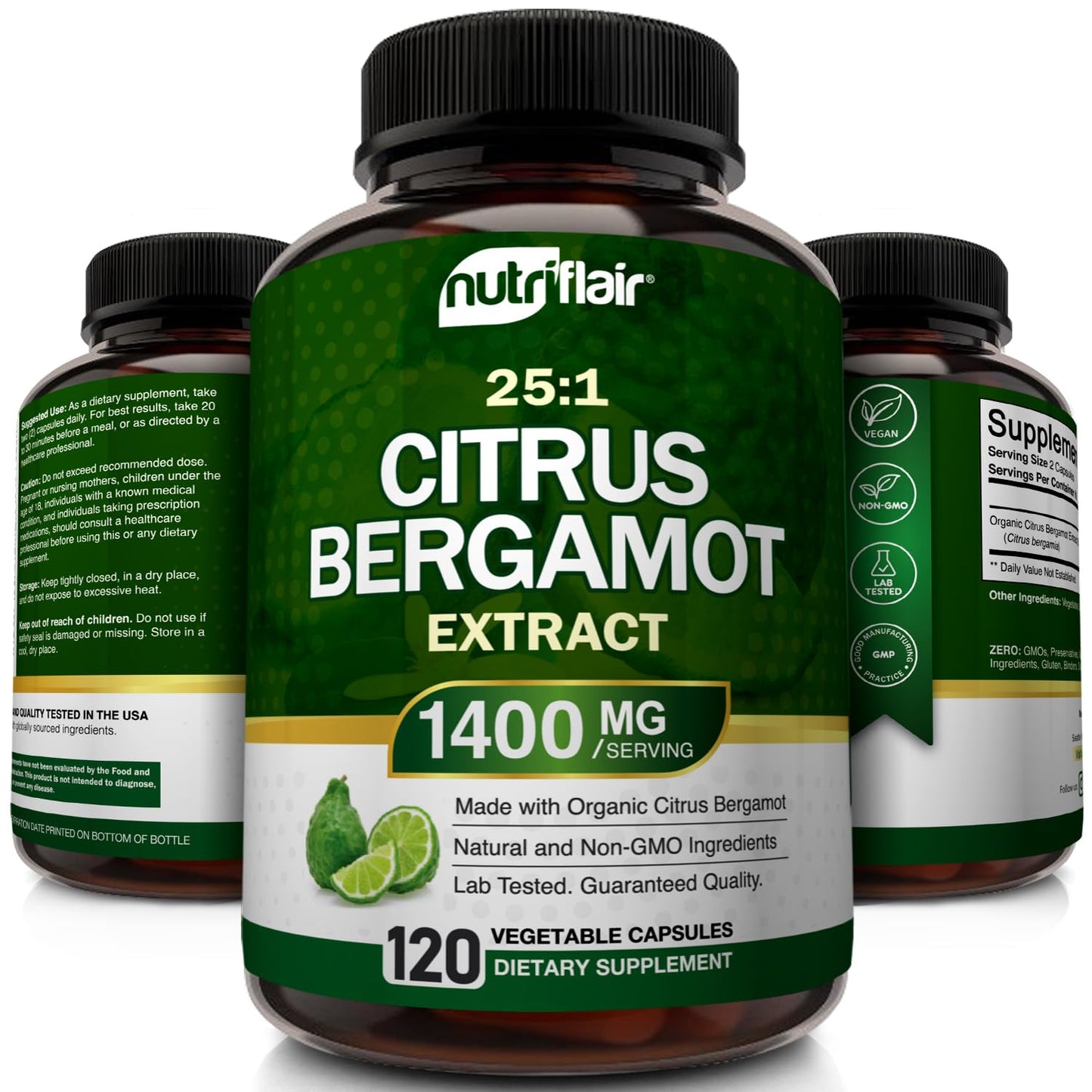 NutriFlair Organic Citrus Bergamot 1400mg, 120 Capsules - 25:1 Bergamia - Essential Oil and Citrus Bioflavonoids - Natural Heart Health Supplements - Maple Wellness Supplements