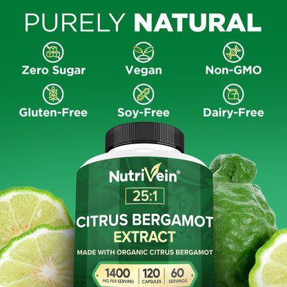 Nutrivein Premium Citrus Bergamot Supplement 1400mg 25:1 Bergamia Extract - 60 Day Supply (120 Capsules): Powerful Italian Citrus Bergamot 1400 mg+ - Maple Wellness Supplements