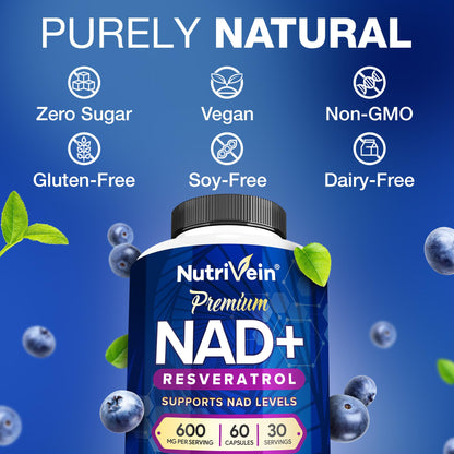Nutrivein Premium NAD + Resveratrol Supplement 600 mg - 30 Servings (60 Capsules): Powerful Synergistic NAD Resveratrol Supplement - Aging, Cognition, Metabolism, & Overall Well-Being - Maple Wellness Supplements
