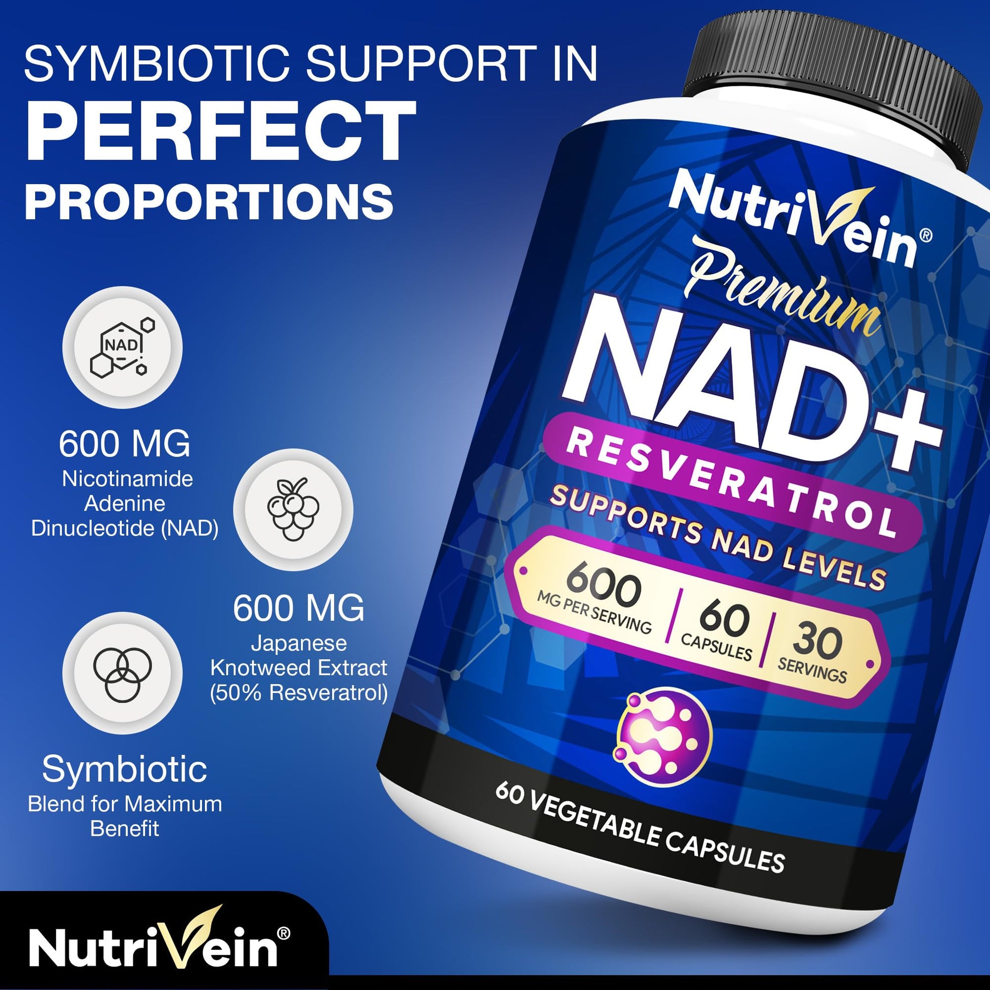 Nutrivein Premium NAD + Resveratrol Supplement 600 mg - 30 Servings (60 Capsules): Powerful Synergistic NAD Resveratrol Supplement - Aging, Cognition, Metabolism, & Overall Well-Being - Maple Wellness Supplements