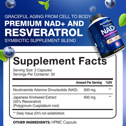 Nutrivein Premium NAD + Resveratrol Supplement 600 mg - 30 Servings (60 Capsules): Powerful Synergistic NAD Resveratrol Supplement - Aging, Cognition, Metabolism, & Overall Well-Being - Maple Wellness Supplements