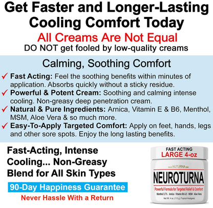 Nuturna Nerve Cream - Fast Acting Comfort for Feet, Hands, Legs & Toes - Ultra Strength Menthol, Arnica, Aloe Vera, MSM - Cooling Soothing Comfort - Non-Greasy, Paraben-Free - 4 oz - Maple Wellness Supplements