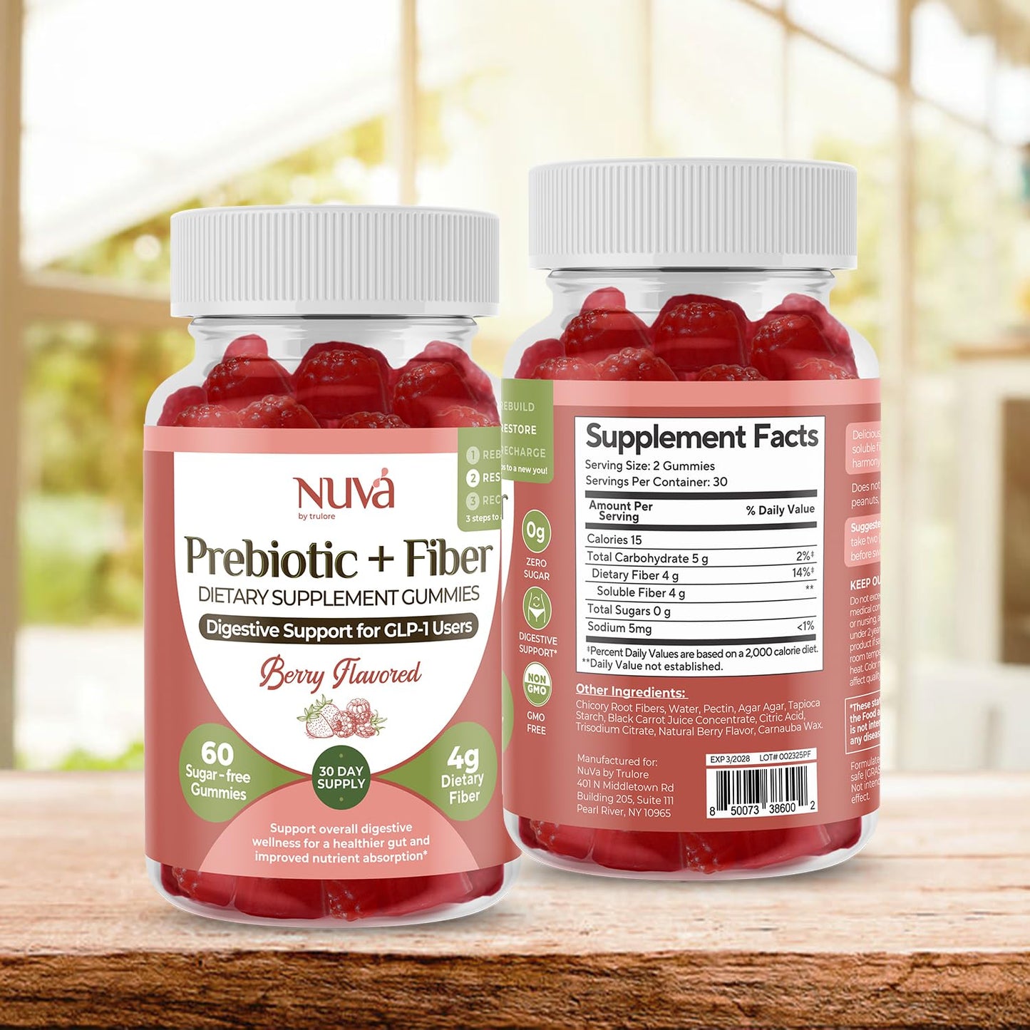 NuVa by Trulore Prebiotic + Fiber Gummies | User Nutritional Support | Sugar Free Fiber Gummies for Adults | Berry Flavor | Non-GMO Digestive Balance for Men & Women | 60 Gummies - 30 day Supply - Maple Wellness Supplements