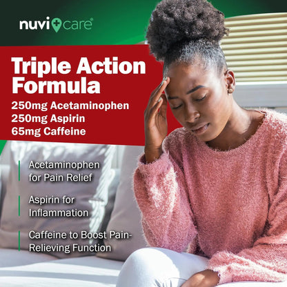 NUVICARE Headache Relief with Acetaminophen 250 mg, Aspirin (NSAID) 250 mg, Caffeine 65 mg - Temporary Relief of Minor Aches & Pains - Compare to Excedrin Extra Strength Pain Reliever (2 Pack) - Maple Wellness Supplements
