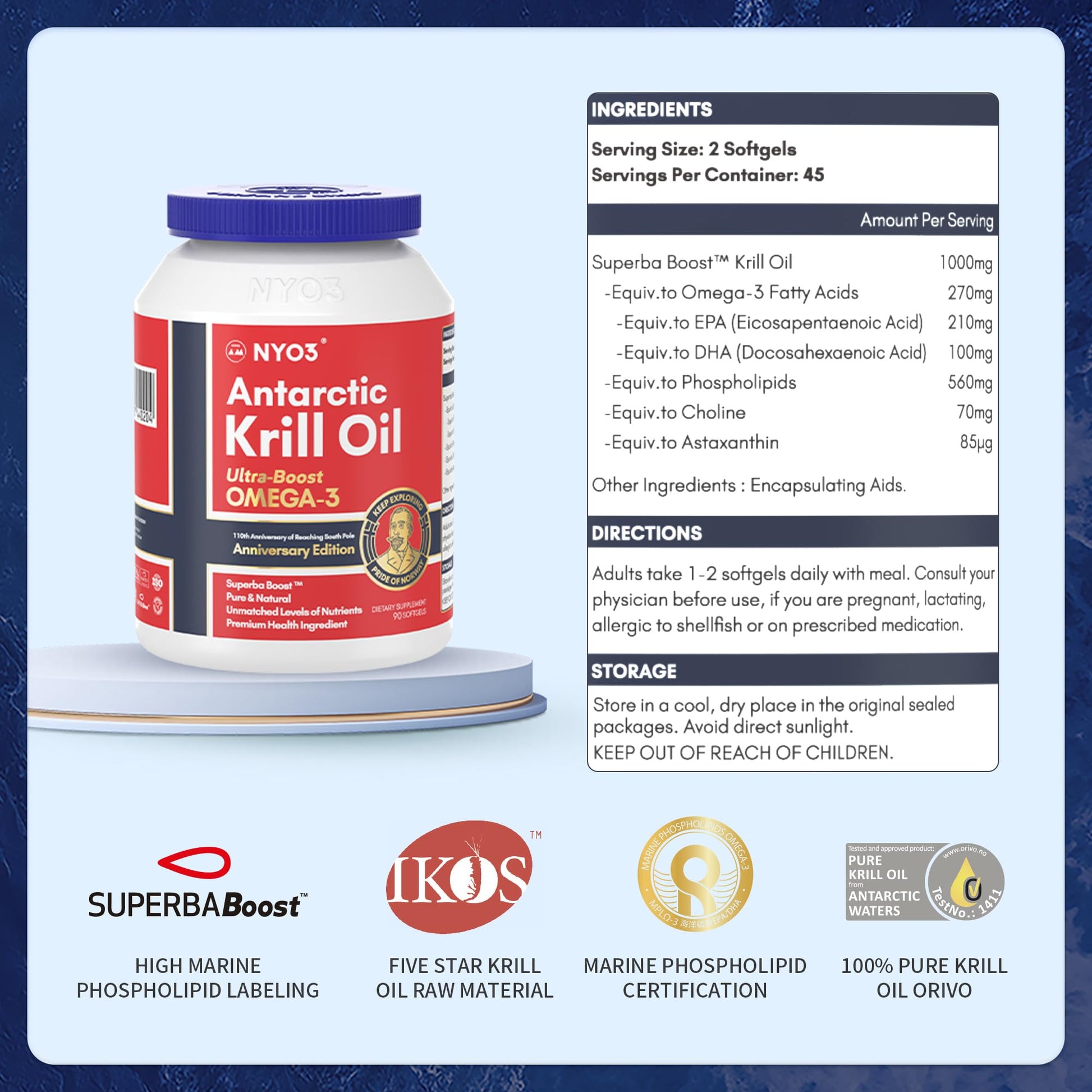 NYO3 Antarctic Krill Oil 1000mg Omega 3 Supplement, EPA & DHA, 90 Softgels Astaxanthin - Maple Wellness Supplements