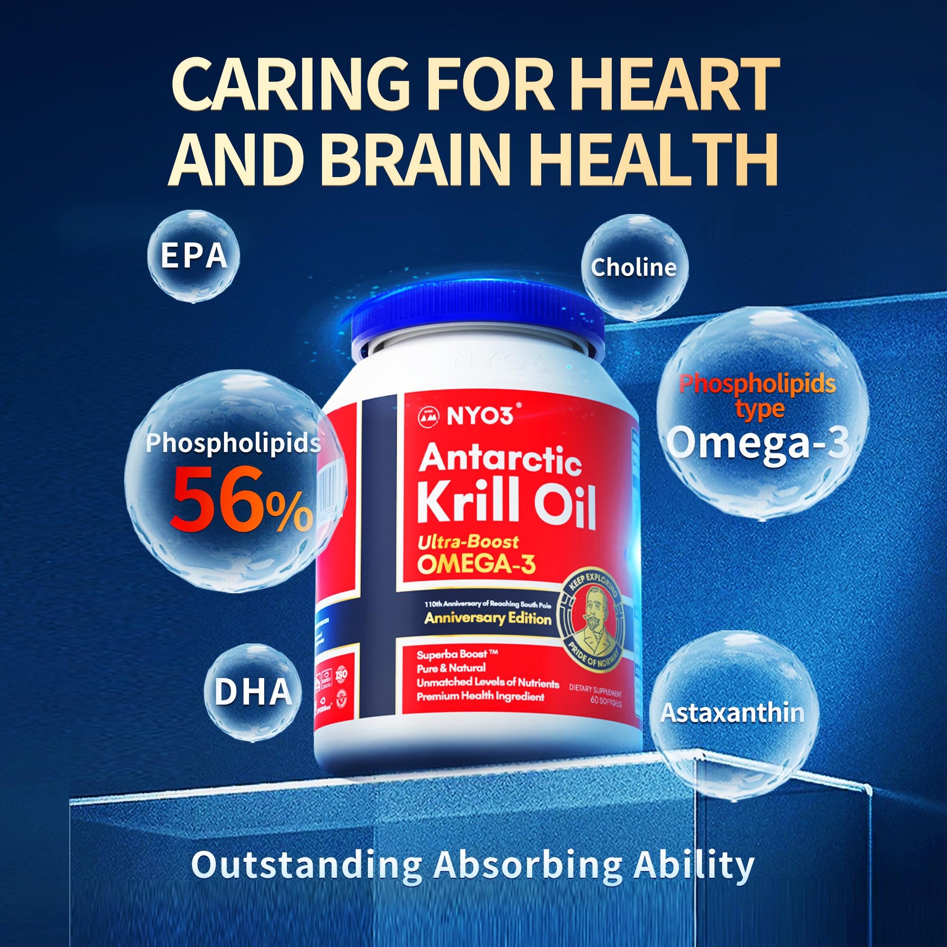NYO3 Antarctic Krill Oil 1000mg Omega 3 Supplement, EPA & DHA, 90 Softgels Astaxanthin - Maple Wellness Supplements