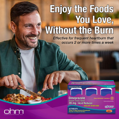 Ohm Omeprazole 20mg, 42 Delayed-Release Tablets, Acid Reducer for Frequent Heartburn, 24-Hour Relief Heartburn Medicine, Helps Relieve Stomach & Chest Discomfort (6 Weeks of Supply, 42, Count) - Maple Wellness Supplements