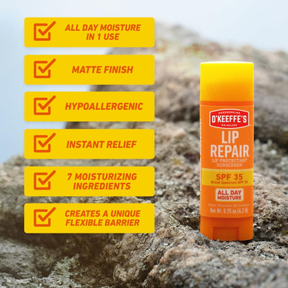 O'Keeffe's Lip Repair SPF 35 Lip Balm - Stick (3 Pack) - Sun-Safe Moisturizer for Extremely Cracked, Dry Lips - Maple Wellness Supplements