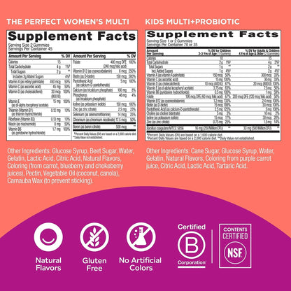 OLLY Gift, Family 2 Pack: Women's Multivitamin Gummy (90 Count), Kids Multivitamin + Probiotic Gummy (70 Count), Vitamins A, D, C, E, B, Chewable Supplement - Maple Wellness Supplements
