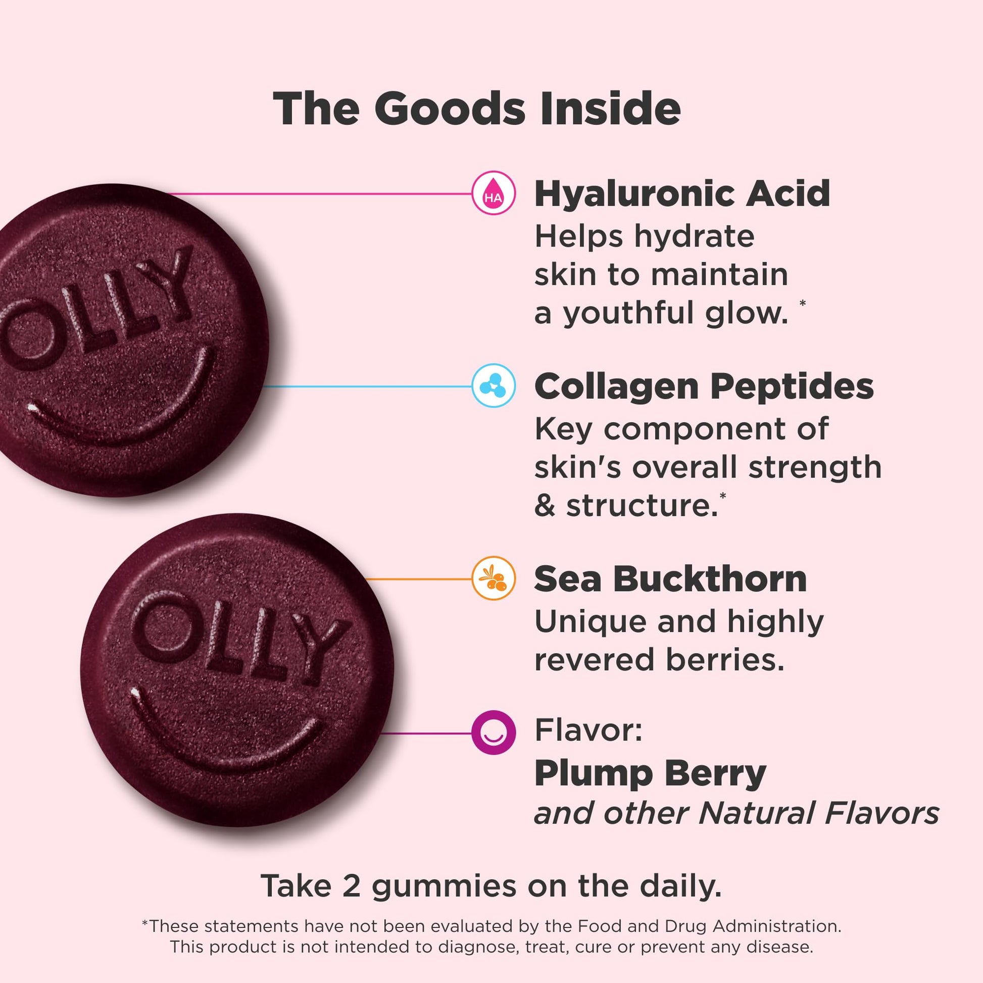 OLLY Glowing Skin Gummy, Hydrated & Youthful Skin,* Hyaluronic Acid, Collagen Peptides, Sea Buckthorn, Plump Berry Flavor - Maple Wellness Supplements
