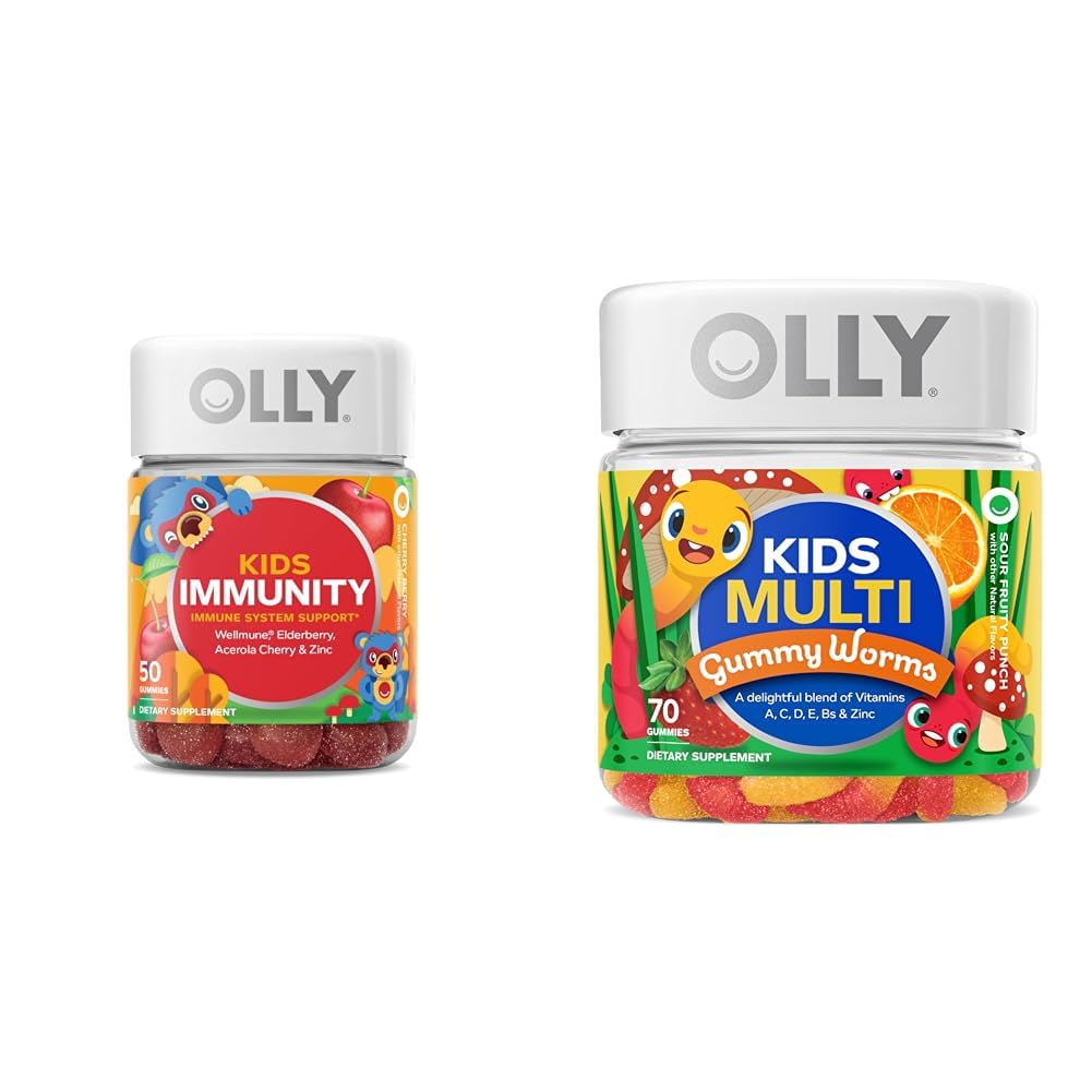 OLLY Kids Immunity Gummy, Immune Support, Wellmune, Elderberry, Vitamin C, Zinc & Kids Multivitamin Gummy Worms, Overall Health and Immune Support, Vitamins and Minerals A, C, D - Maple Wellness Supplements