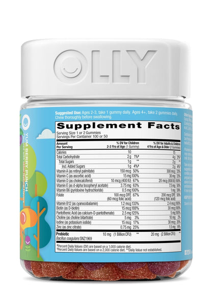 OLLY Kids Multivitamin & Probiotic Gummy, Digestive Support, Vitamins A, D, C, E, B, Zinc, Chewable Supplement, Berry Flavor, 50 day supply - 100 Count - Maple Wellness Supplements