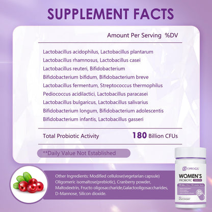 OMOGS Women's Probiotic 180 Billion CFUs 18 Strains, with Organic Prebiotics, Cranberry Extract, D-Mannose & Digestive Enzymes, for Digestive, Boost Immune, - Maple Wellness Supplements