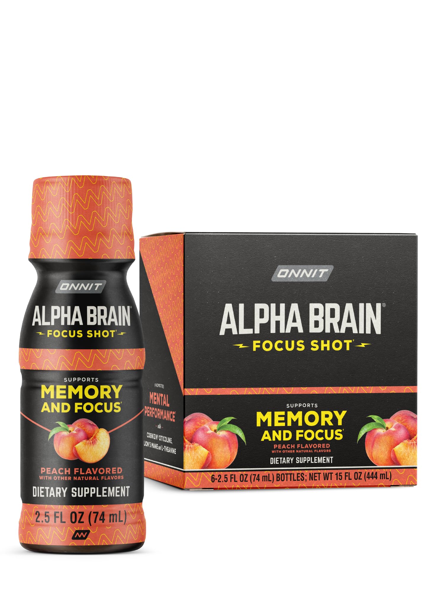 ONNIT Alpha Brain Focus Shot, Peach Flavor, Nootropic Dietary Supplement Drink That Supports Energy, Focus, and Mood, IGEN™ Non-GMO Tested, 2.5 fl oz, 6 Count - Maple Wellness Supplements
