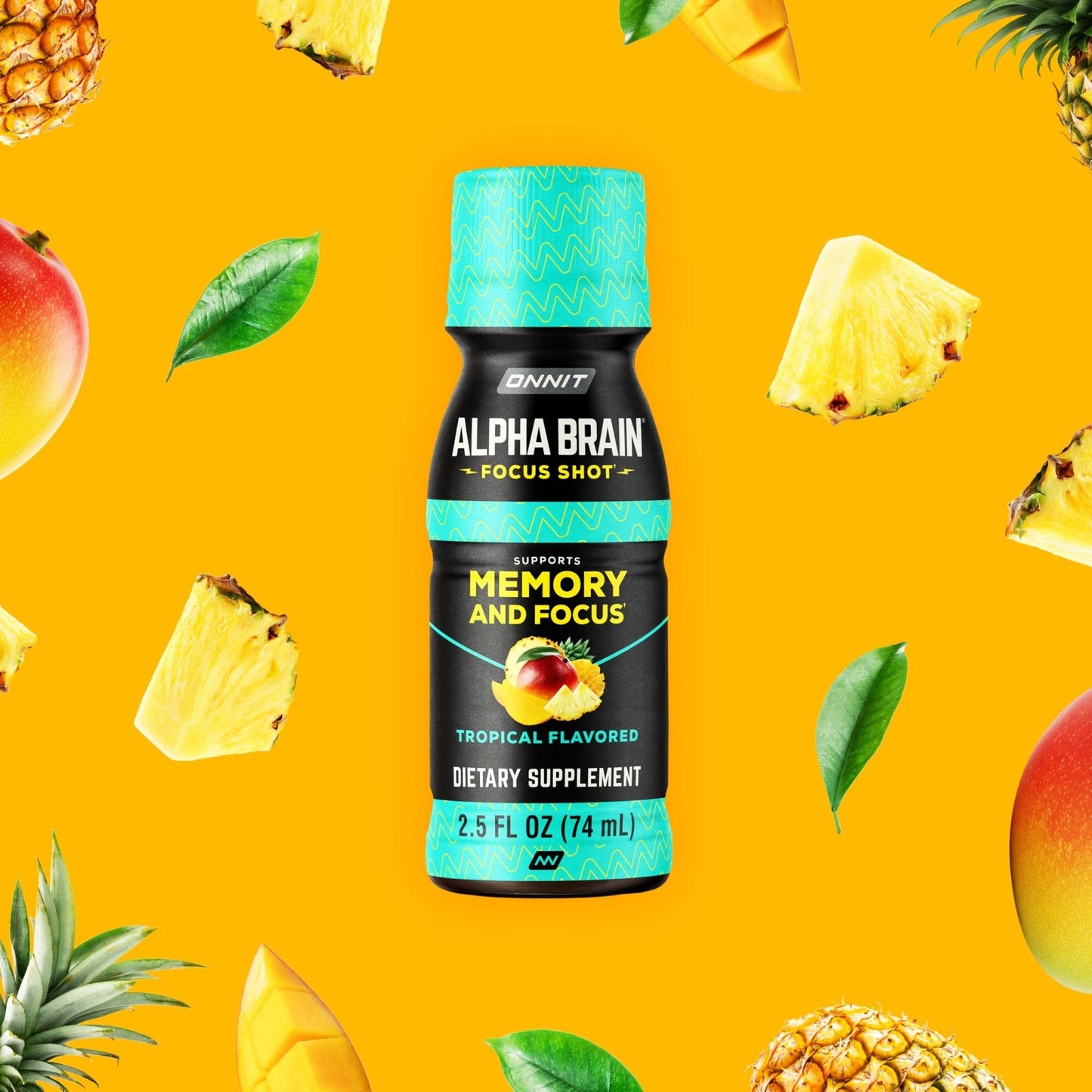 ONNIT Alpha Brain Focus Shot, Tropical Flavor, Nootropic Dietary Supplement Drink That Supports Energy, Focus, and Mood, IGEN™ Non-GMO Tested, 2.5 fl oz, 6 Count - Maple Wellness Supplements