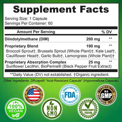 Optimal DIM 200mg Supplement for Women and Men - Made with Organic Whole Foods - Estrogen & Hormone Balance Support Diindolylmethane Complex - Maximum Absorption Delayed-Release Capsules - 60 Count - Maple Wellness Supplements