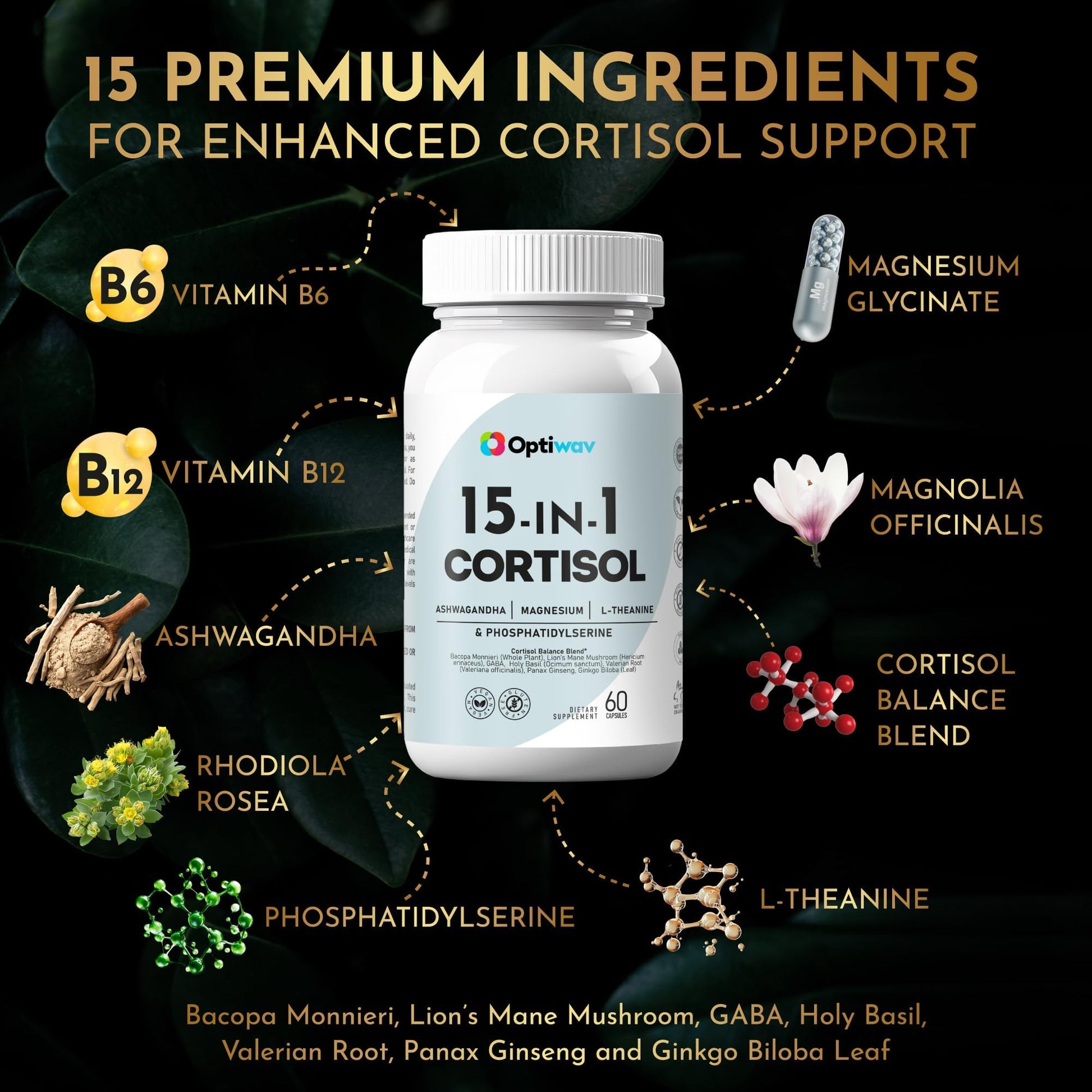 Optiwav Cortisol Detox Supplement for Women Men - Control & Lowering High Cortisol Level - Balance Calm Stress Relief Cleanse Adrenal Health Support - Magnesium Ashwagandha Cortisol Blocker Reducer - Maple Wellness Supplements