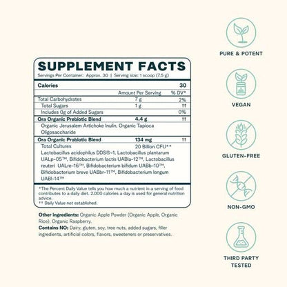Ora Organic Prebiotic and Probiotic Powder Supplement - 20 Billion Probiotics, 7 Strains for Best Prebiotic Powder, Non-GMO, Probiotics for Women, Men & Kids - Apple Raspberry Flavor, 30 Servings… - Maple Wellness Supplements