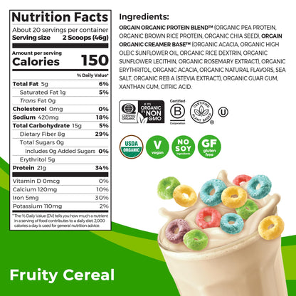 Orgain Organic Vegan Protein Powder, Fruity Cereal - 21g Plant Based Protein, Gluten Free - Maple Wellness Supplements