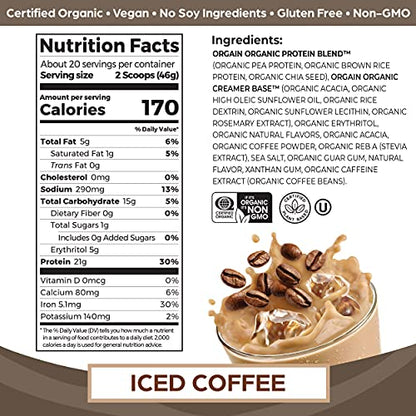 Orgain Organic Vegan Protein Powder, Iced Coffee - 21g Plant Based Protein, Gluten Free - Maple Wellness Supplements