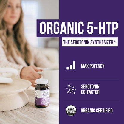 Organic 5-HTP - 200 mg | 99% 5HTP Concentration, Plus Cofactor Vitamin B6 & Lion’s Mane | Water Extracted from Organic Griffonia Seeds | Supports Mood - Maple Wellness Supplements