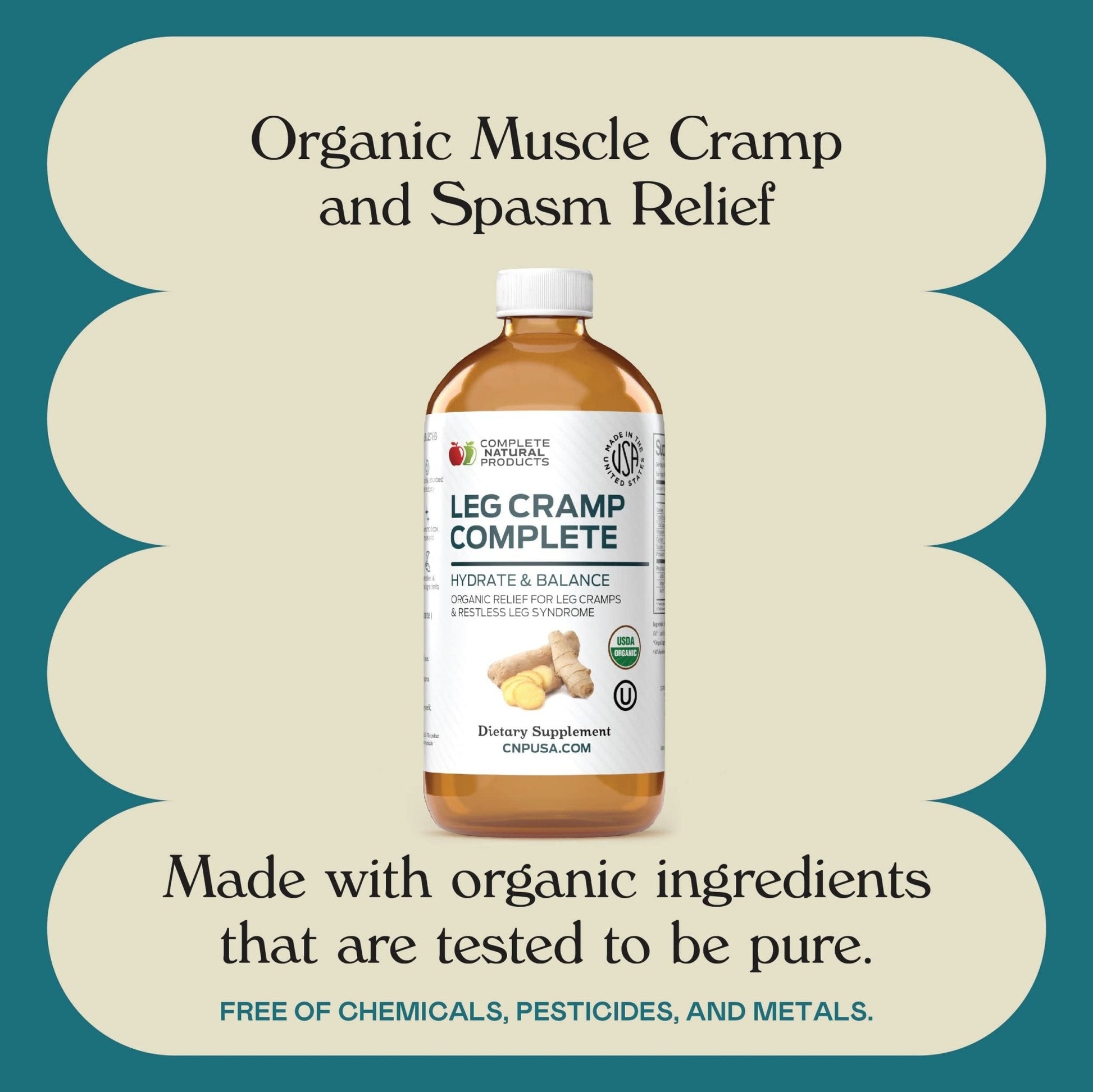 Organic Amish Leg Cramp Relief Liquid 16oz - Natural Muscle and Foot Support Supplement with Apple Cider Vinegar, Ginger, Garlic, Aloe, Fast Cramp Reducing Formula, Certified Organic, Made in USA - Maple Wellness Supplements