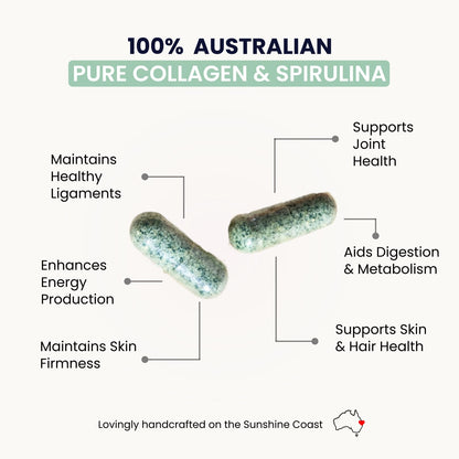 Organic Collagen Australia Pure Collagen & Spirulina Capsules – Antioxidant-Rich Supplement for Skin Elasticity, Joint Health, Metabolism Support & Energy (120 Capsules) - Maple Wellness Supplements