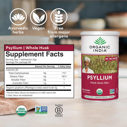 ORGANIC INDIA Psyllium Herbal Powder - Whole Husk Fiber, Vegan, Gluten-Free, USDA Certified Organic, Non-GM - Maple Wellness Supplements