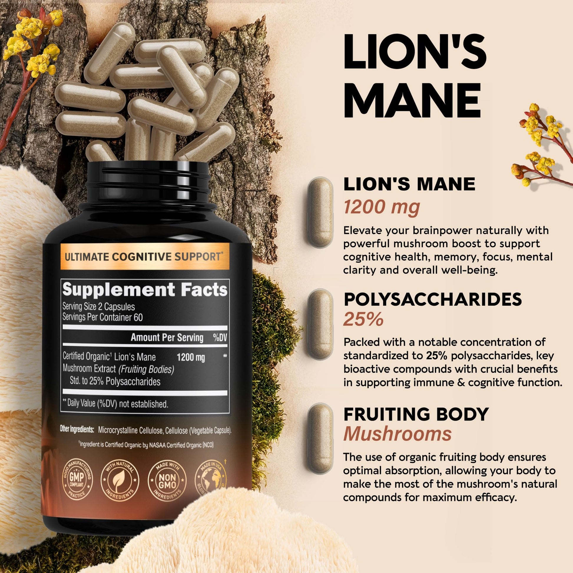 Organic Lions Mane - Certified Mushroom Supplement - Made in USA - Fruiting Bodies - Maple Wellness Supplements