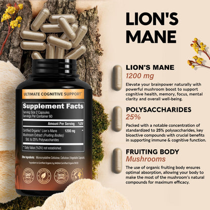 Organic Lions Mane - Certified Mushroom Supplement - Made in USA - Fruiting Bodies - Maple Wellness Supplements