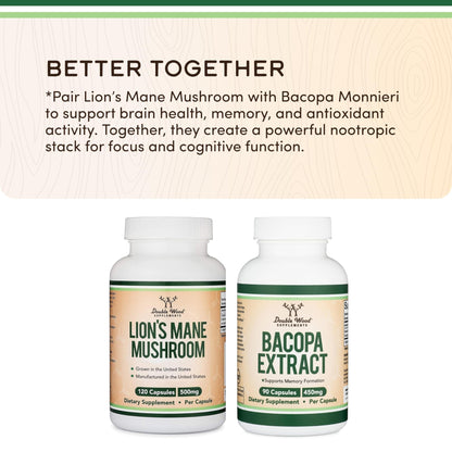 Organic Lions Mane Mushroom Capsules (120 Count), for Focus Support and Immune Health, Third Party Tested and Grown in The USA - by Double Wood - Maple Wellness Supplements