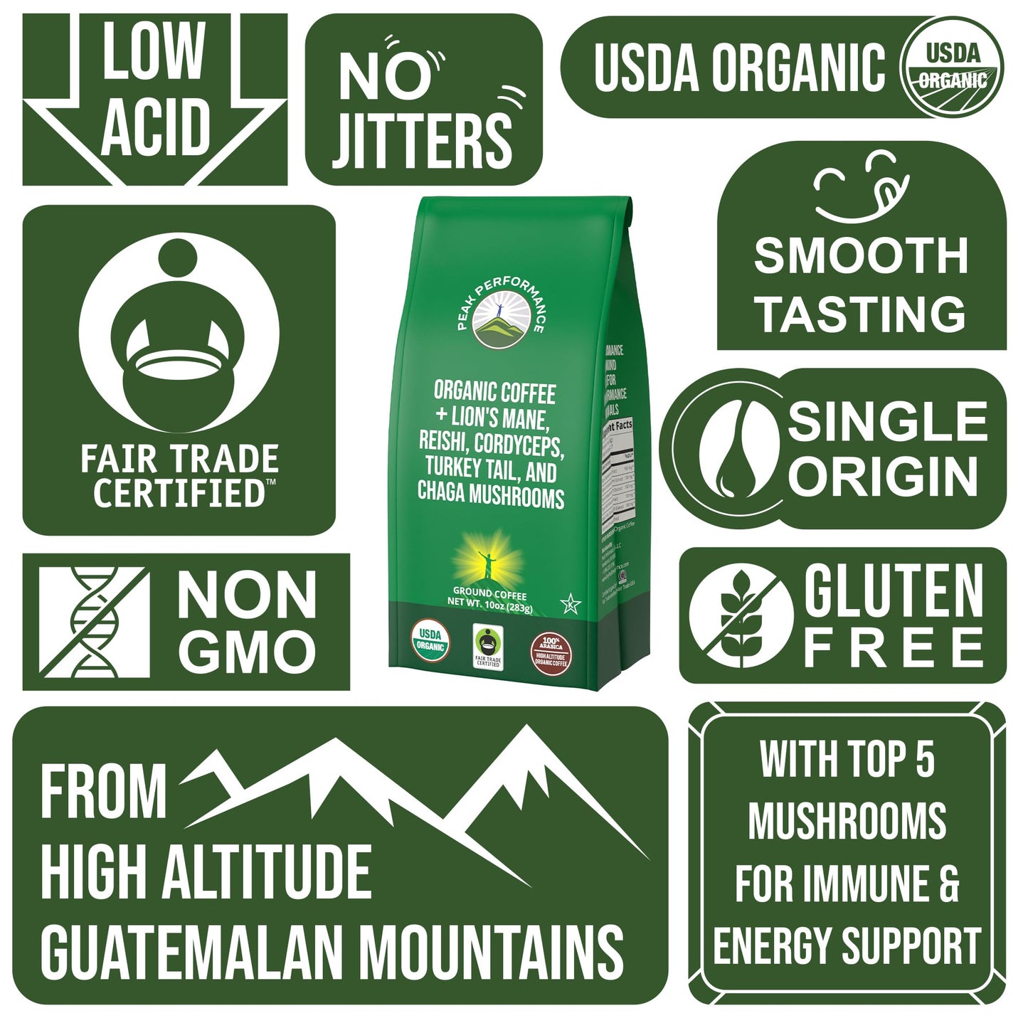 Organic Low Acid Mushroom Coffee with Lion's Mane, Reishi, Cordyceps, Turkey Tail, and Chaga Mushrooms - Great Tasting Premium High Altitude Medium Roast Ground Bags 10 oz by Peak Performance - Maple Wellness Supplements