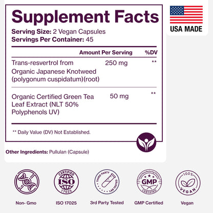 Organic Resveratrol Supplement – Trans-Resveratrol Capsules with Green Tea – Highly Purified & Bioavailable - Maple Wellness Supplements