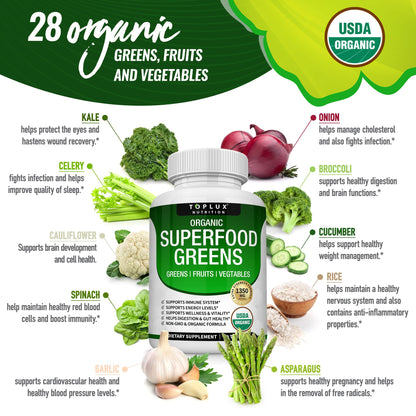 Organic Super Greens Capsules Superfood Fruit Veggie Supplement - 28 Powerful Natural - Maple Wellness Supplements