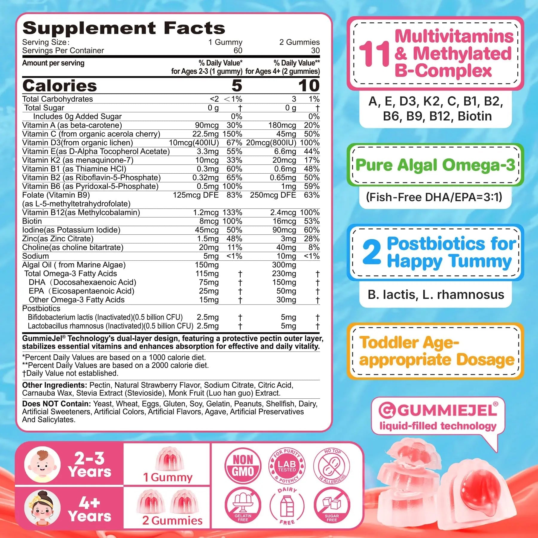 Organic Toddler Multivitamin Gummies + Omega-3 (DHA/EPA), Postbiotics | kids 2+ multivitamin | Vitamins A C D3 Methyl B12 Folate Zinc - Maple Wellness Supplements