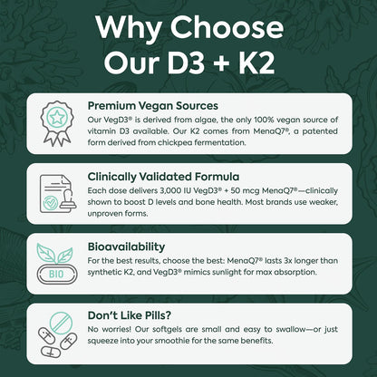 Organics Ocean Better D3 + K2-100% Organic VIT D3 and K2 Supplements with Maximum Bioavailability - Supports Bone Density, Calcium Balance, Immunity & Mood - 1-Pack, 30-Day Supply - Maple Wellness Supplements