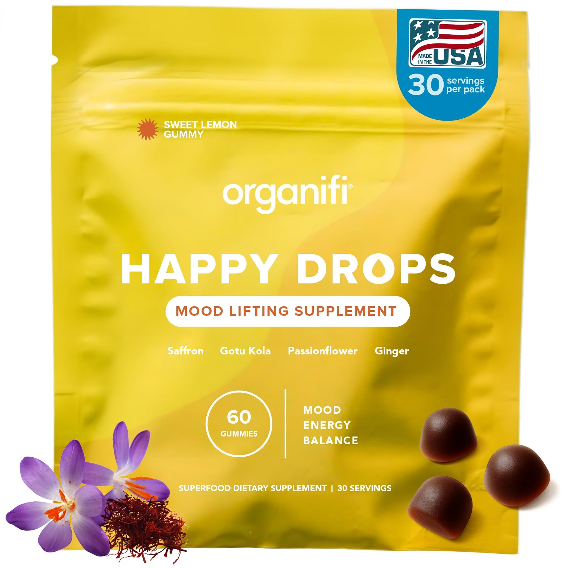 Organifi Happy Drops - Daily Superfood Happy Gummies for Adults - Mood Support Supplement for Balance, Bliss, Energy and Taking the Edge Off - Sweet Lemon Flavor - 60 Gummies - Maple Wellness Supplements
