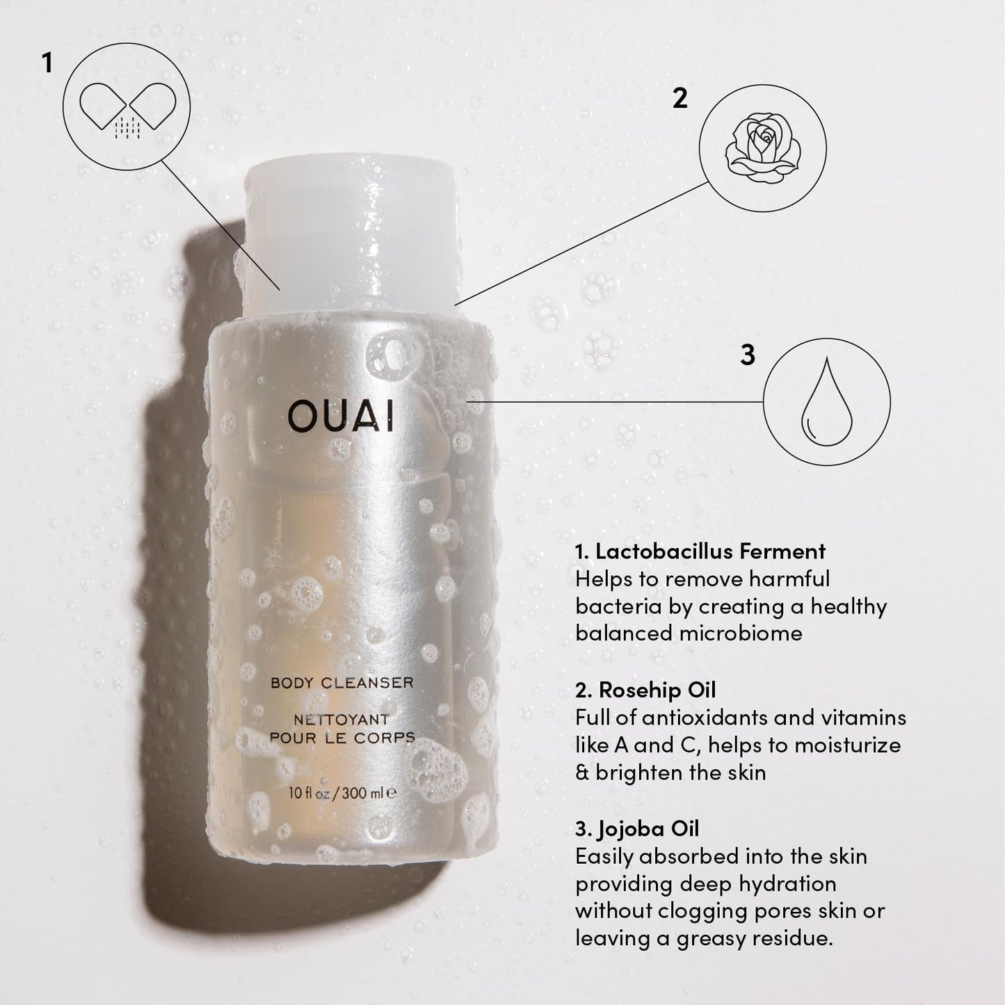 OUAI Body Cleanser, Dean Street - Foaming Body Wash with Jojoba Oil and Rosehip Oil to Hydrate, Nurture, Balance and Soften Skin - Paraben, Phthalate and Sulfate Free Skin Care Products (10 Fl Oz) - Maple Wellness Supplements