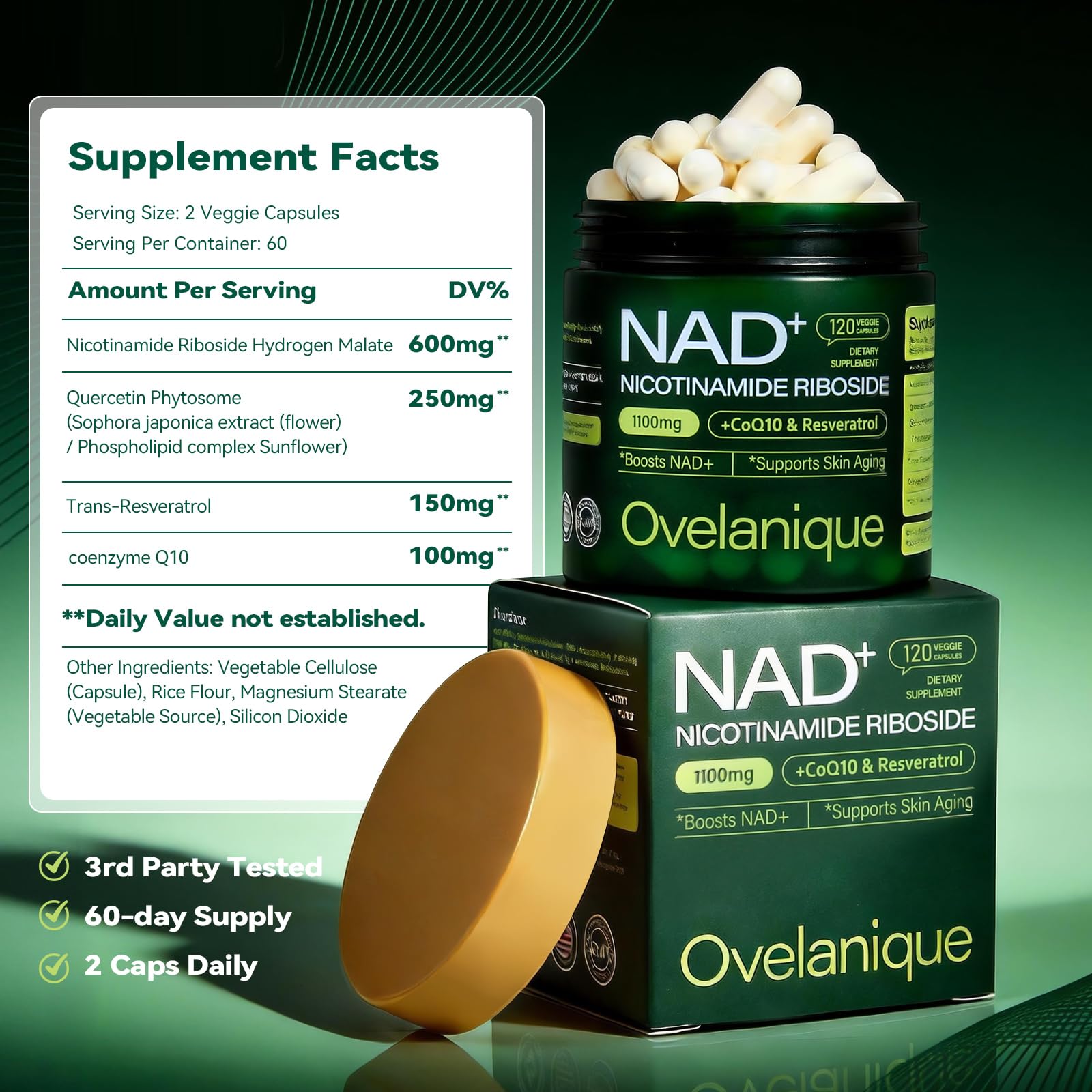 Ovelanique NAD Supplement with Nicotinamide Riboside & Resveratrol |NMNH Supplement Alternative| NAD+ Complex with Quercetin Phytosome & CoQ10 | Liposomal Delivery,120 Capsules(Packaging May Vary) - Maple Wellness Supplements