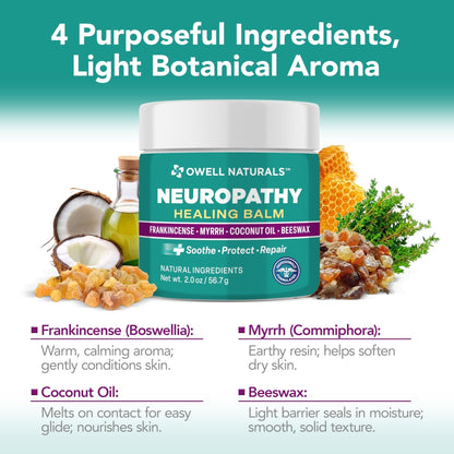 Owell Naturals Neuropathy Balm for Feet, Muscles & Joints – Long Lasting Comfort Formula with Frankincense, Myrrh, Coconut Oil, Beeswax – Fast Absorbing Botanical Skin Care, 2 oz - Maple Wellness Supplements
