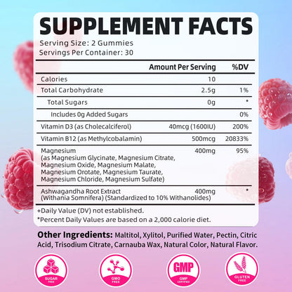 Pack of 2 Magnesium Complex Gummies 400mg, Magnesium Glycinate, Malate, Citrate, Taurate, Oxide & More | w/Ashwagandha Extract, D3 & B12 for Calm, Zzz, Relaxation, Raspberry Flavor, 120 Count - Maple Wellness Supplements