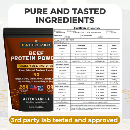 Paleo Pro 26G Beef Protein Powder - Grass Fed Protein Powder Isolate - Pure Animal Based Pastured & Cage-Free | Dairy & Gluten Free, Natural & Clean Proteins for Paleo & Keto - 15 Days Supply Vanilla - Maple Wellness Supplements