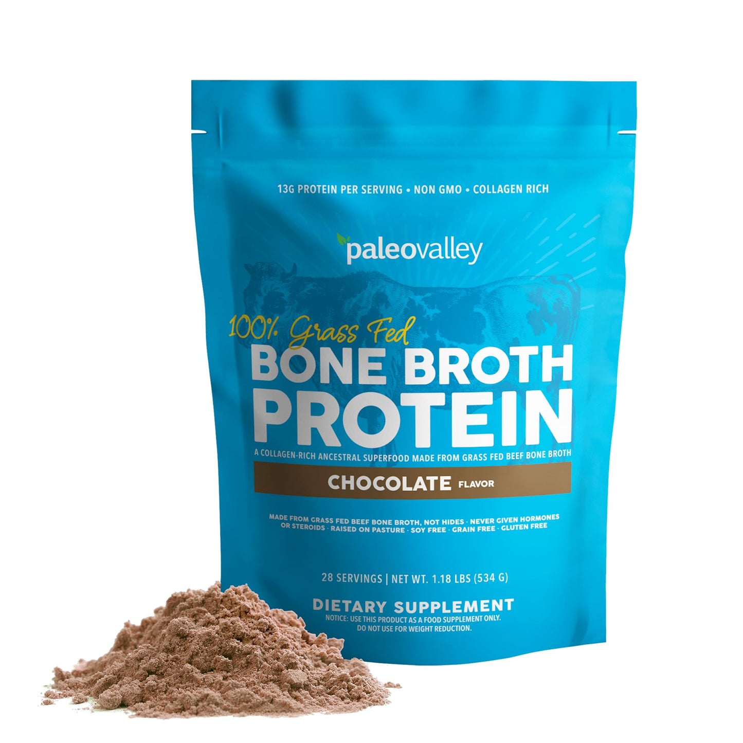 Paleovalley 100% Grass Fed Bone Broth Protein Powder - Chocolate - Rich in Collagen - Maple Wellness Supplements