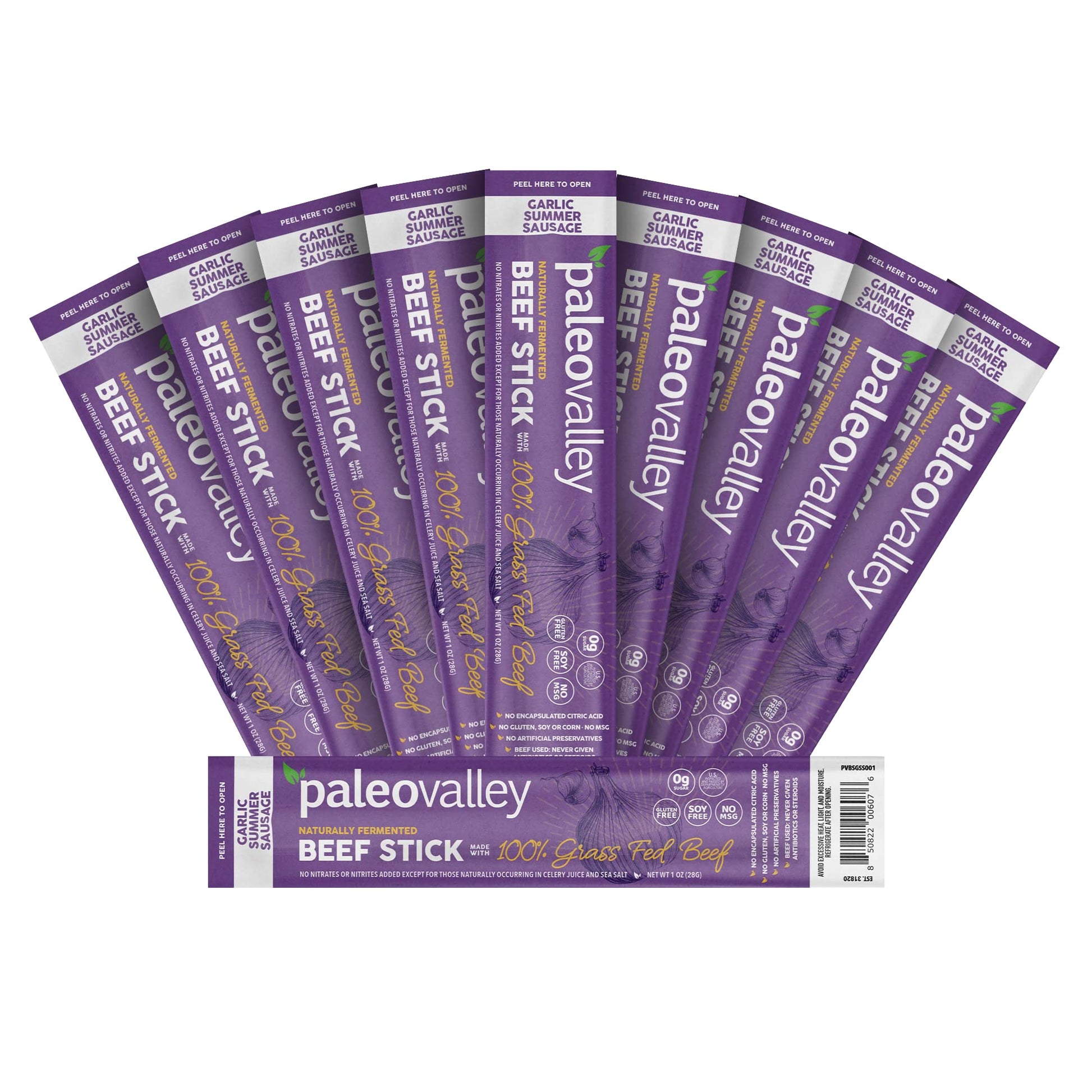 Paleovalley 100% Grass Fed Garlic Summer Sausage Beef Sticks - Delicious Gluten Free Beef Snack - High Protein Keto Friendly - Maple Wellness Supplements