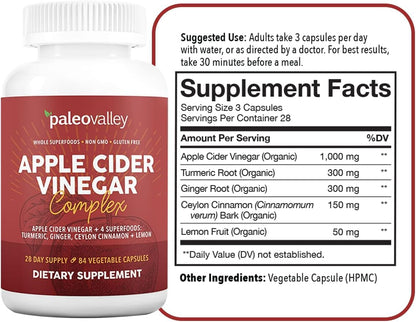 Paleovalley Apple Cider Vinegar Complex with Superfoods - Turmeric, Ginger, Ceylon Cinnamon and Lemon - 84 Vegetable Capsules - Maple Wellness Supplements