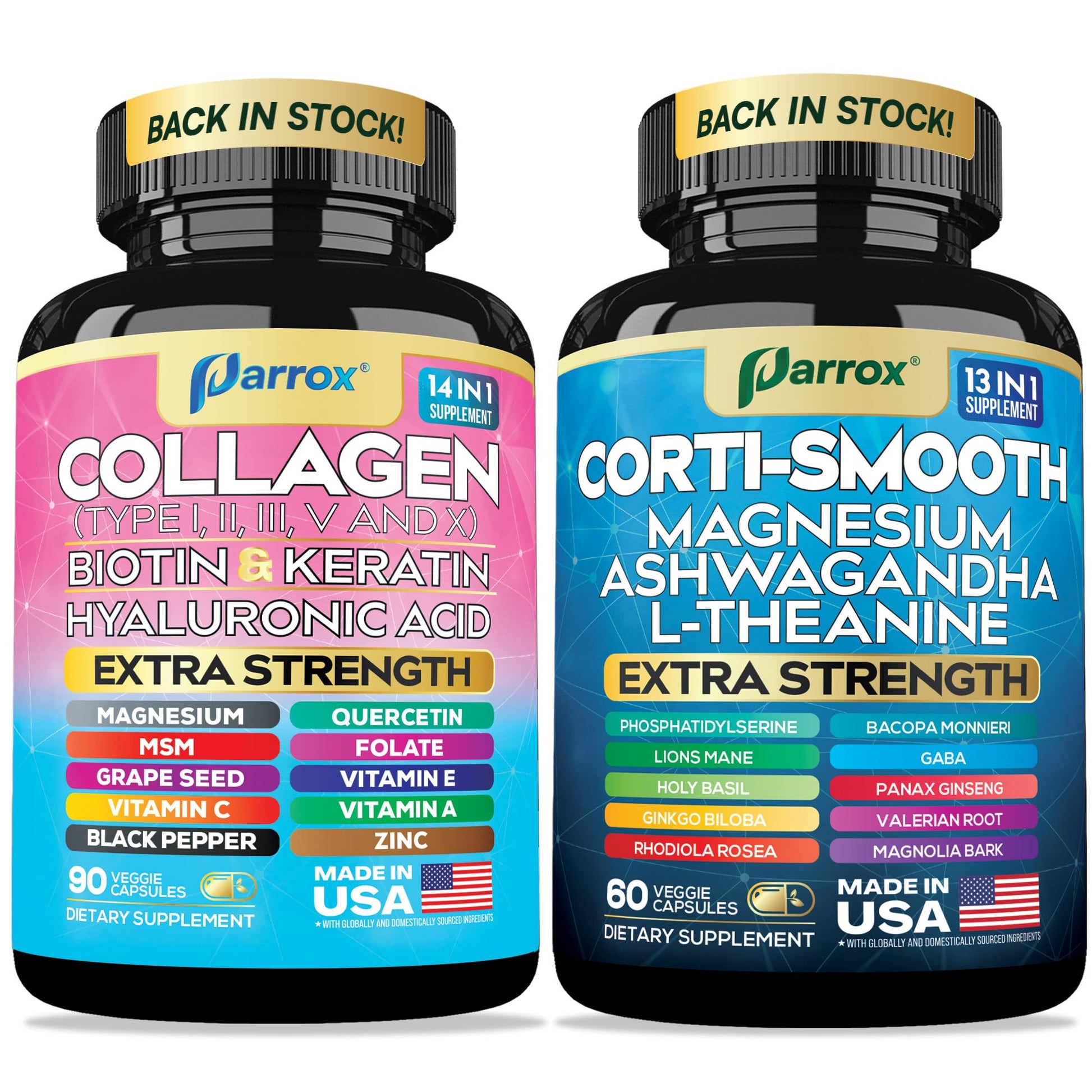 Parrox Shining Serenity Set, Cortisol Support with Ashwagandha, L-Theanine, Magnesium, Lions Mane, GABA, Bacopa Monnieri, Collagen I, II, III, V, X, Folate, Biotin, Keratin, Hyaluronic Acid, Quercetin - Maple Wellness Supplements