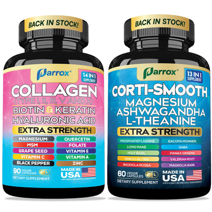 Parrox Shining Serenity Set, Cortisol Support with Ashwagandha, L-Theanine, Magnesium, Lions Mane, GABA, Bacopa Monnieri, Collagen I, II, III, V, X, Folate, Biotin, Keratin, Hyaluronic Acid, Quercetin - Maple Wellness Supplements