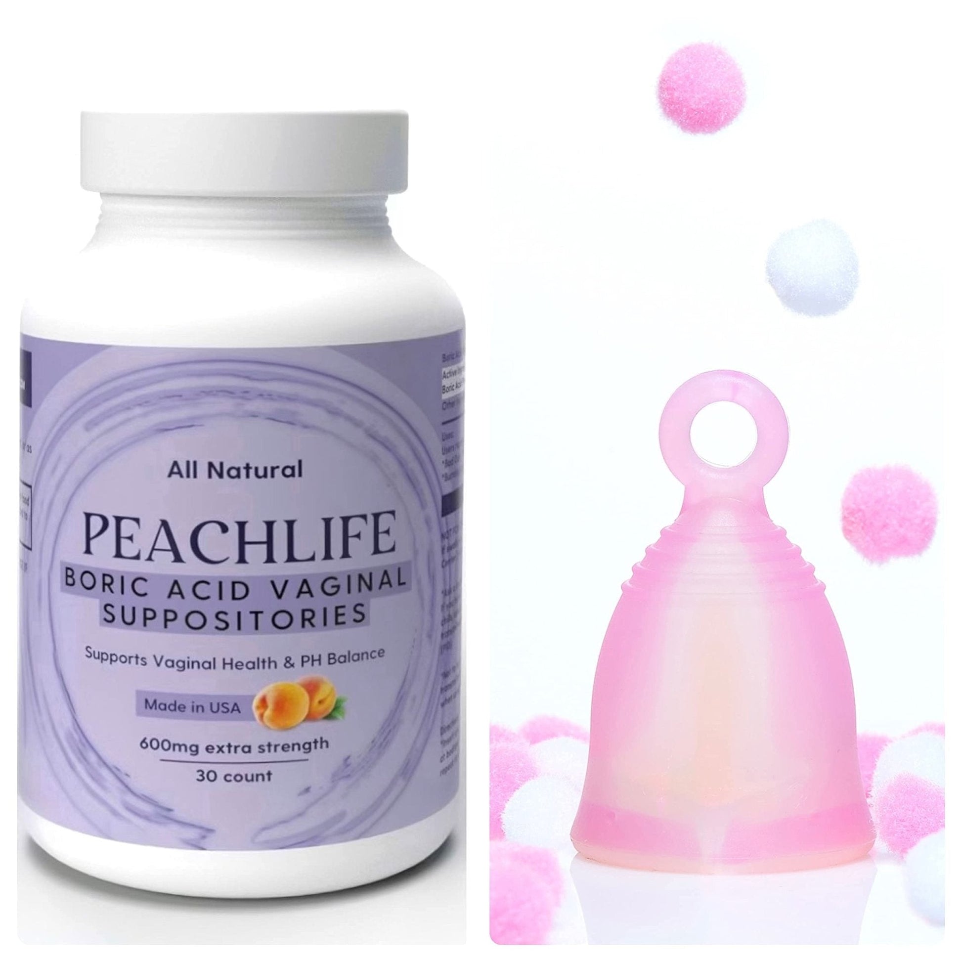 Peachlife Boric Acid Suppositories and Small Soft Menstrual Cup with Ring Pull - Maple Wellness Supplements
