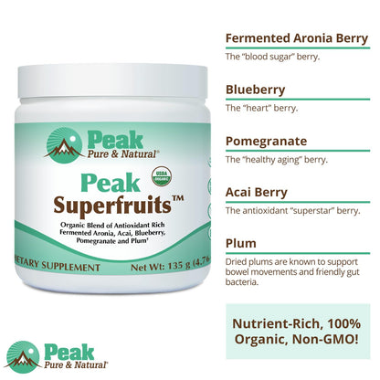 Peak Organic Superfruits - Polyphenol Rich Superfood Powder - Non-GMO Fermented Aronia Berry, Acai, Blueberry, Pomegranate, and Plum - Aging, Metabolic Health, Heart Health (30 Servings) - Maple Wellness Supplements