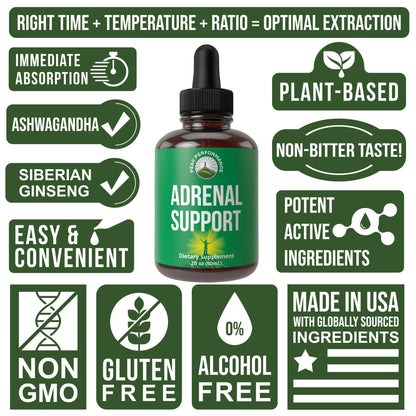 Peak Performance Adrenal Support Supplements to Restore Energy from Adrenal Fatigue. Liquid Drops Complex for Women and Men. Supports Healthy Cortisol Management. Supplement with Adaptogens - Maple Wellness Supplements